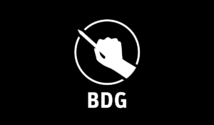 Weißer Kreis mit einer stilisierten Hand, die einen Stift hält, auf schwarzem Hintergrund und darunter der Schriftzug 'BDG'