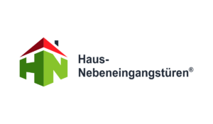 Grünes stilisiertes Haus mit rotem Dach und schwarzem Schornstein neben dem Schriftzug 'Haus-Nebeneingangstüren'